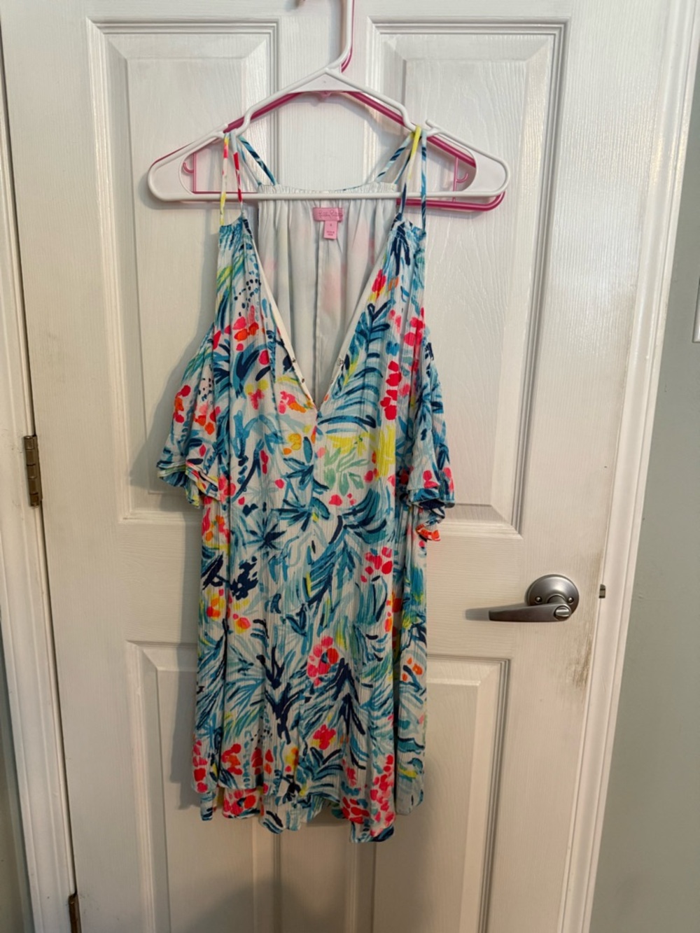 Lilly Pulitzer Tropical Floral Cold-Shoulder Dress in Blue, Pink, Yellow